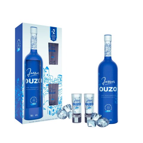 Jassas Ouzo 40% 0,7l + 2 Gläser in Geschenkbox