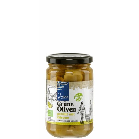 Grüne Oliven Bio mit Zitrone gefüllt 170g Jassas GR-BIO-15