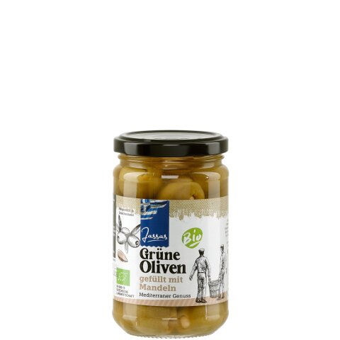 Grüne Oliven Bio mit Mandeln gefüllt 170g Jassas GR-BIO-15