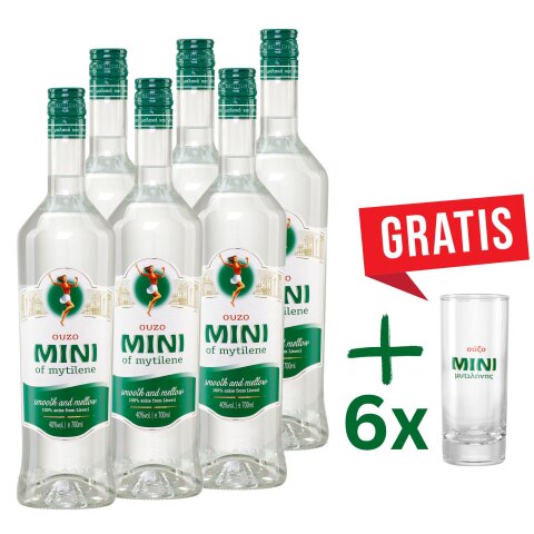 Ouzo Mini Mytilini 40% 6x 0,7l Epom + 6x Mini Mytilini Gläser GRATIS